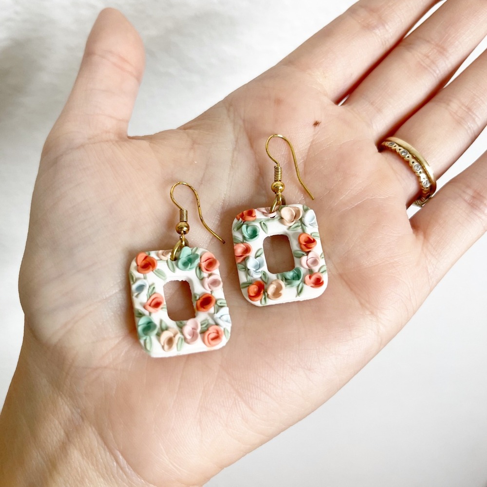 Handmade Polymer Clay Floral Rectangle Drop Earrings White Peach Mint Gold Tone